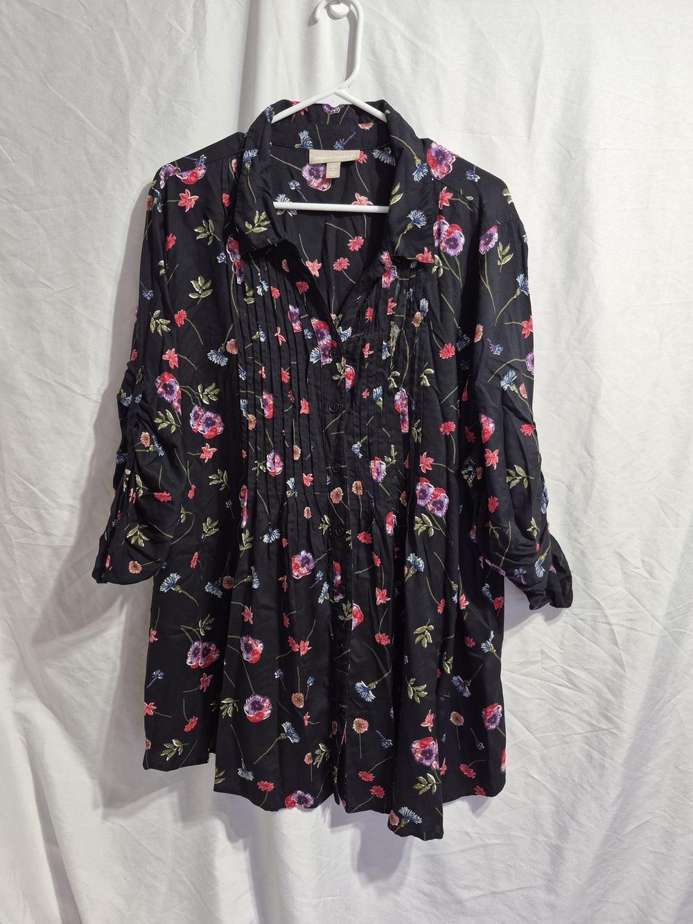 Woman Within Black Floral Pintuck Button-Front Tunic, Size 1X